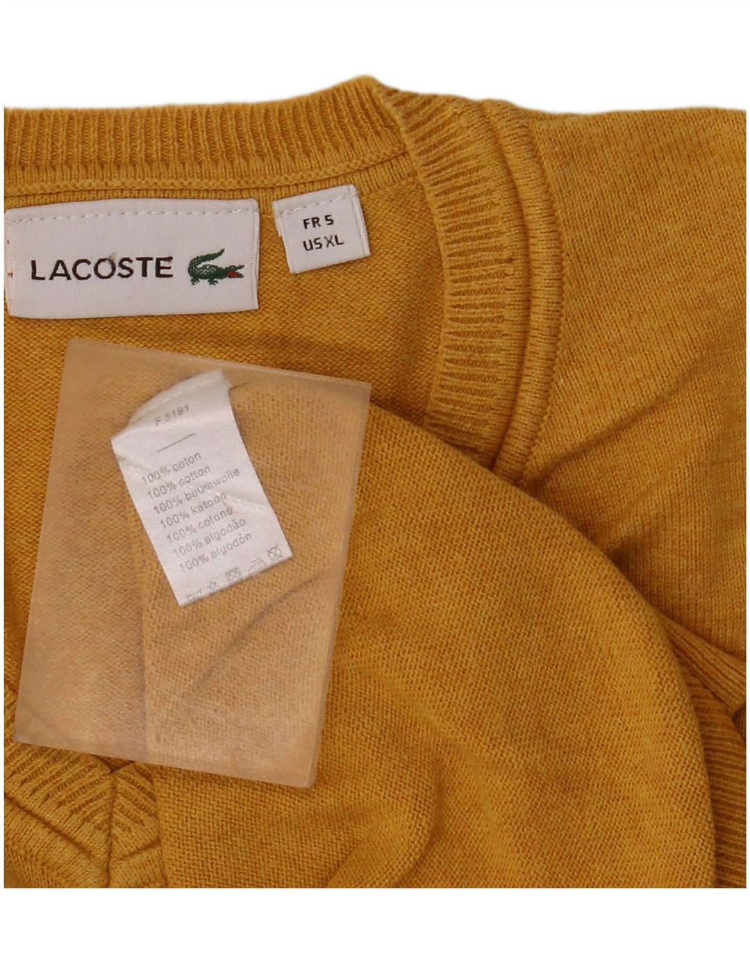 LACOSTE Mens V-Neck Jumper Sweater Size 5 Large Yellow Cotton