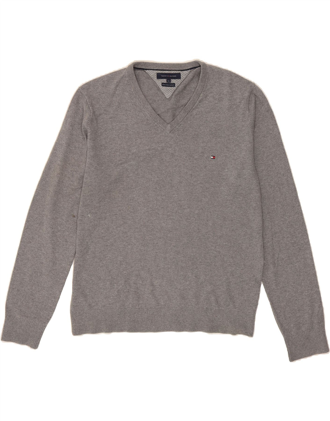 TOMMY HILFIGER Mens V-Neck Jumper Sweater XL Grey Cotton Vintage Tommy Hilfiger and Second-Hand Tommy Hilfiger from Messina Hembry 