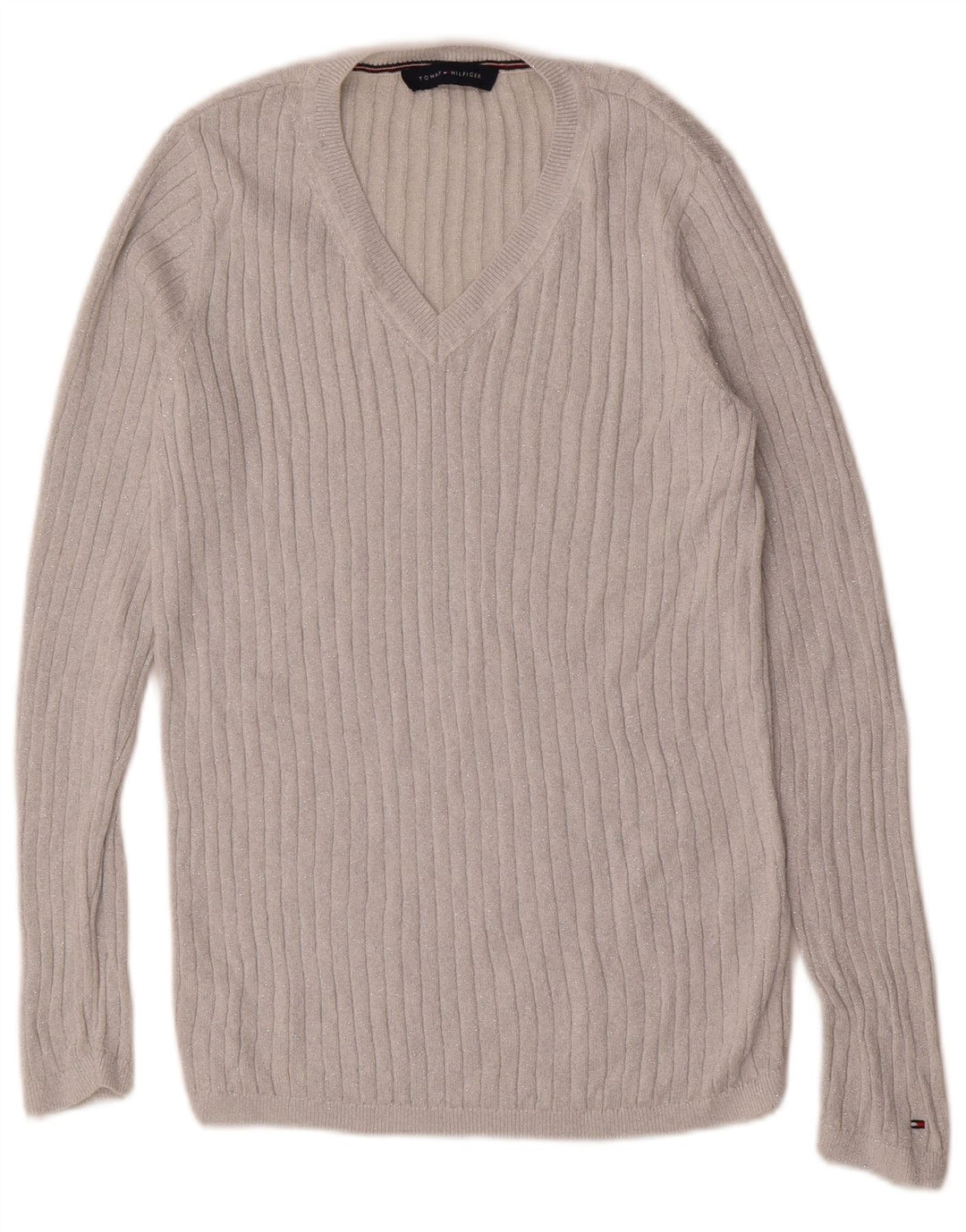 Tommy Hilfiger Womens V-Neck Jumper Sweater UK 12 Medium Grey Flecked