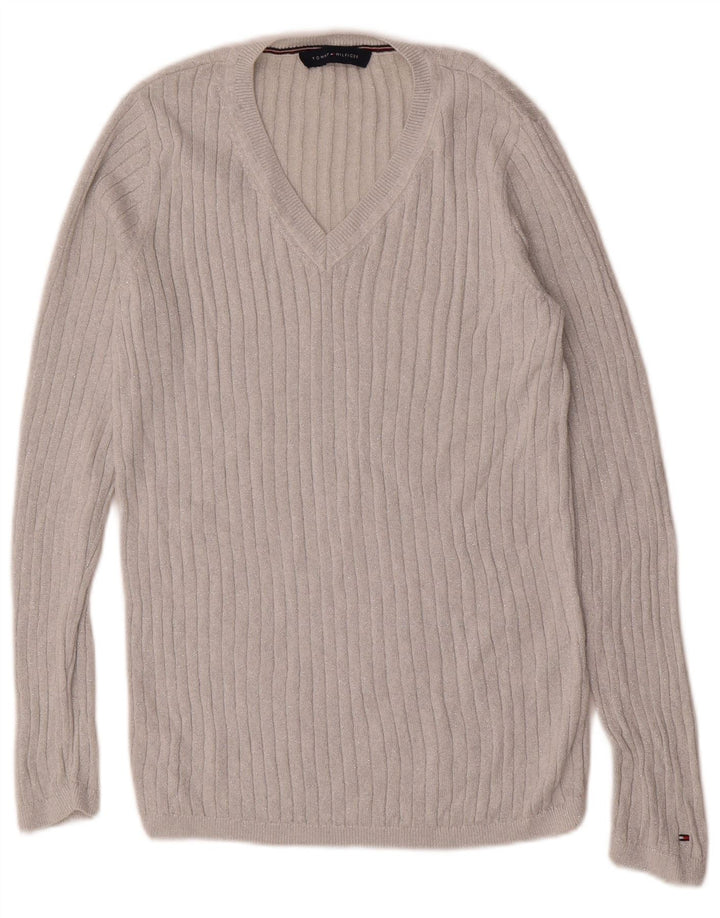 Tommy Hilfiger Womens V-Neck Jumper Sweater UK 12 Medium Grey Flecked