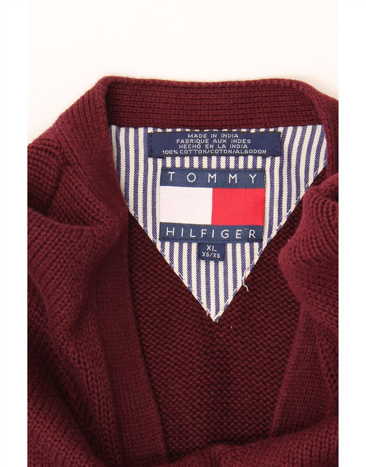TOMMY HILFIGER Mens V-Neck Jumper Sweater XL Burgundy Cotton