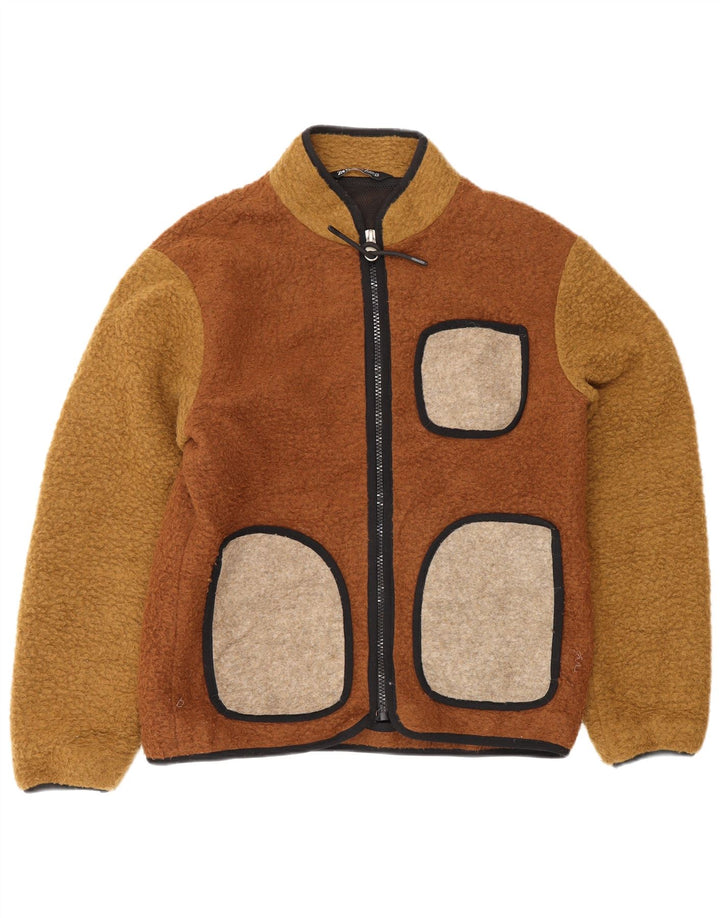 Zara Mens Fleece Jacket UK 40 Large Brown Colourblock Polyester