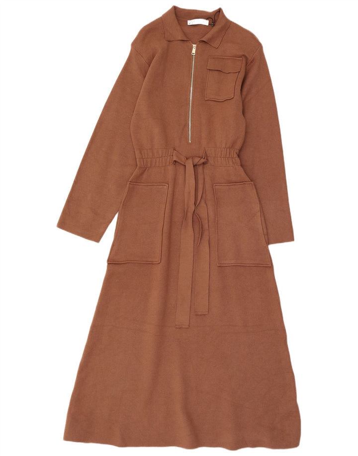 Zara Womens Long Sleeve Maxi Dress UK 12 Medium Brown Viscose