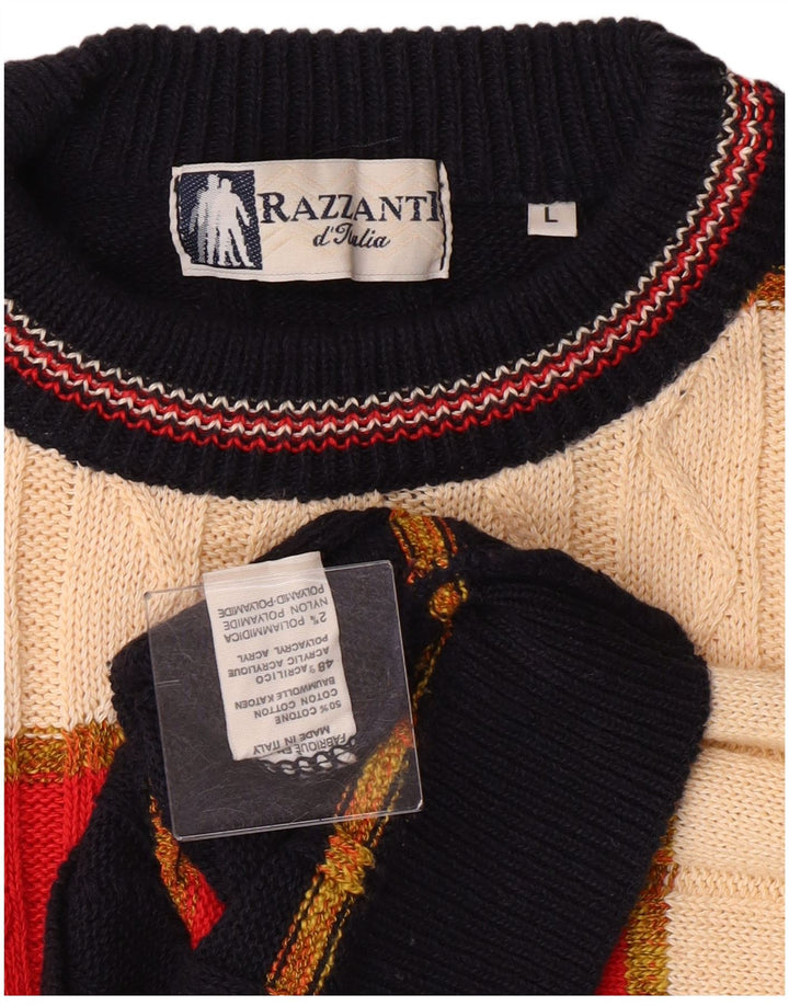 Vintage Mens Crew Neck Jumper Sweater Large Multicoloured Striped Cotton