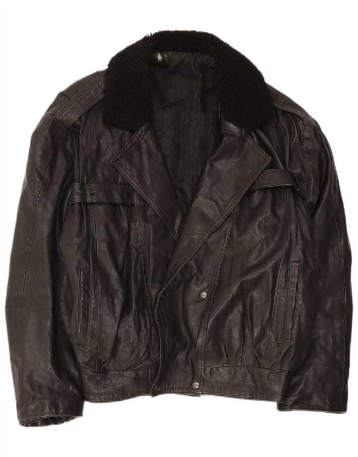 Vintage Mens Double Breasted Leather Jacket UK 42 XL Black