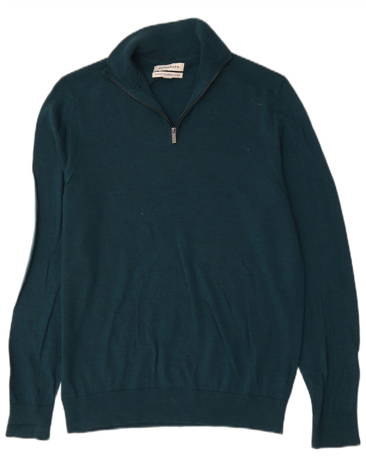 Marks & Spencer Mens Autograph Zip Neck Jumper Sweater Medium Green Wool