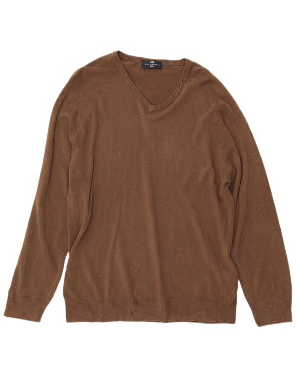 MARKS & SPENCER Mens Blue Harbour V-Neck Jumper Sweater Large Brown
