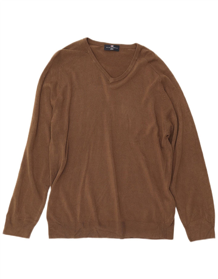 MARKS & SPENCER Mens Blue Harbour V-Neck Jumper Sweater Large Brown