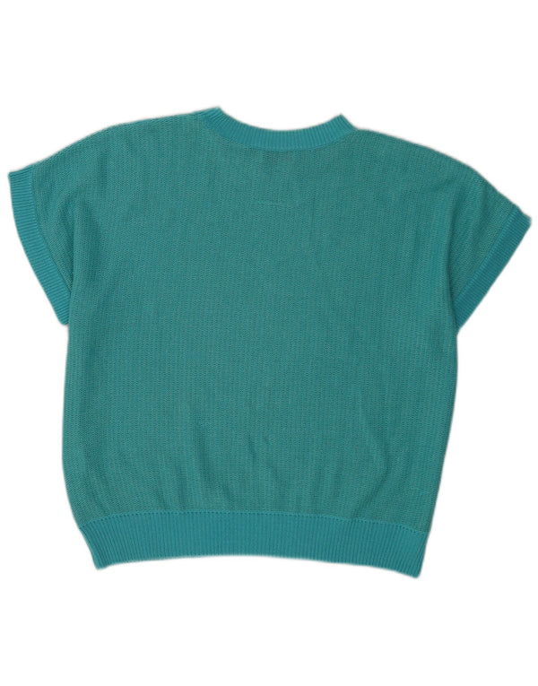 Vintage Womens Short Sleeve Knit Blouse Top IT 46 Large Turquoise Geometric