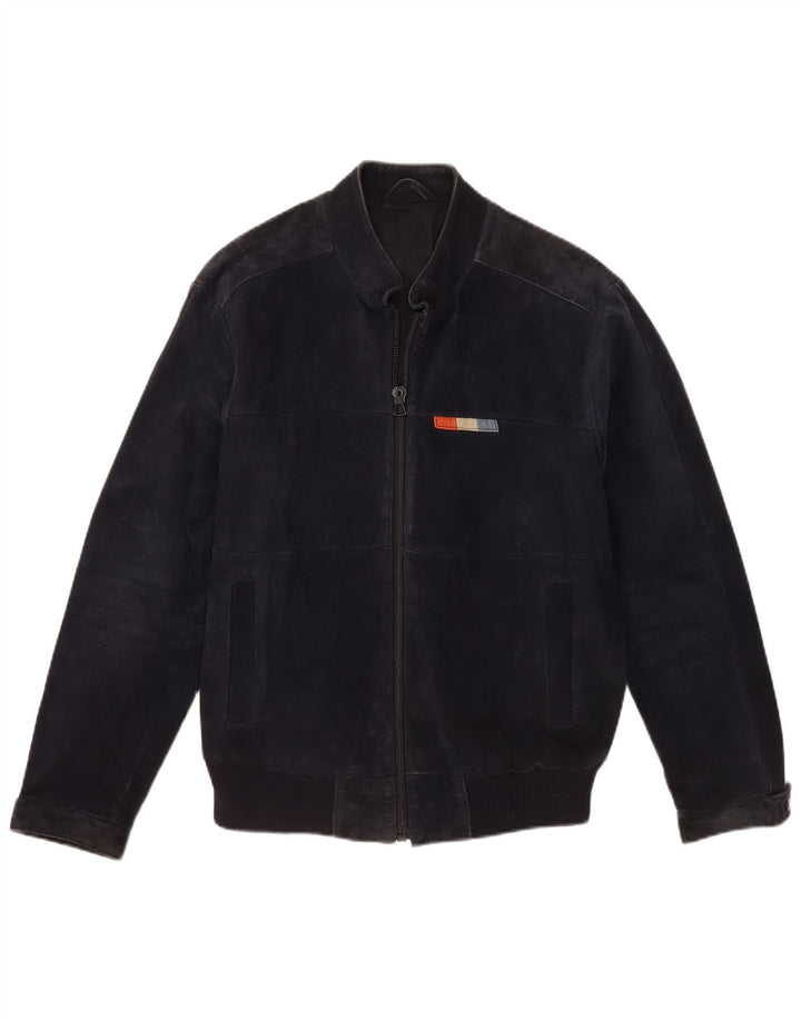 VINTAGE Mens Suede Bomber Jacket IT 50 Large Navy Blue Leather
