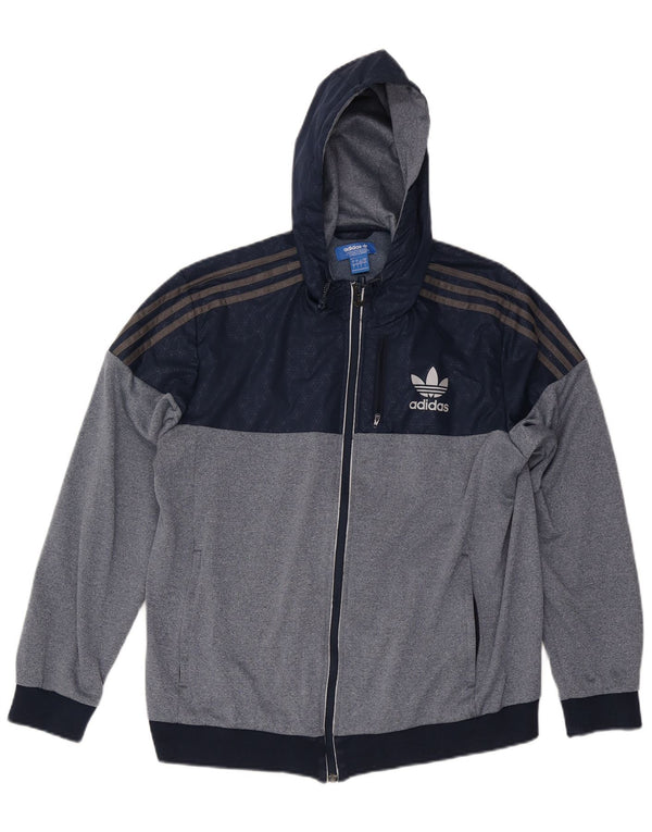 Adidas Mens Hooded Tracksuit Top Jacket Large Navy Blue Colourblock