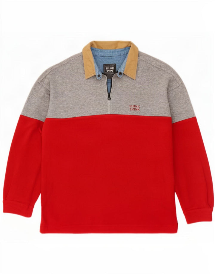 Think Pink Mens Polo Neck Fleece Jumper XL Red Colourblock Polyester