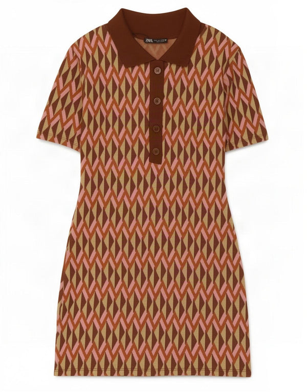 Zara Womens Polo Dress UK 8 Small Brown Geometric Viscose