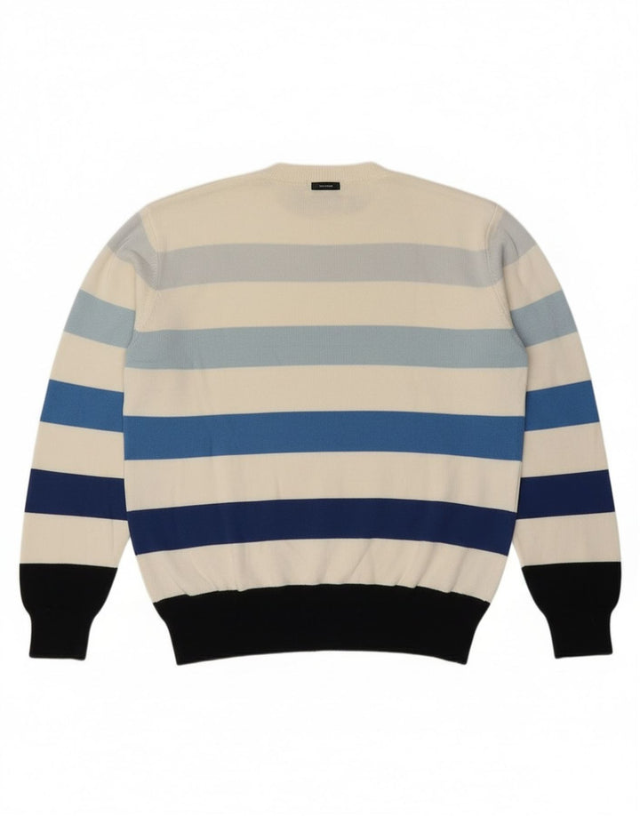 Nautica Mens Crew Neck Jumper Sweater Medium Off White Striped Cotton