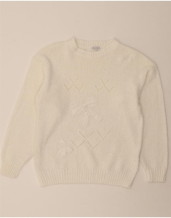 VINTAGE Womens Boat Neck Jumper Sweater EU 40 Medium White Polyacrylic Vintage Vintage and Second-Hand Vintage from Messina Hembry 