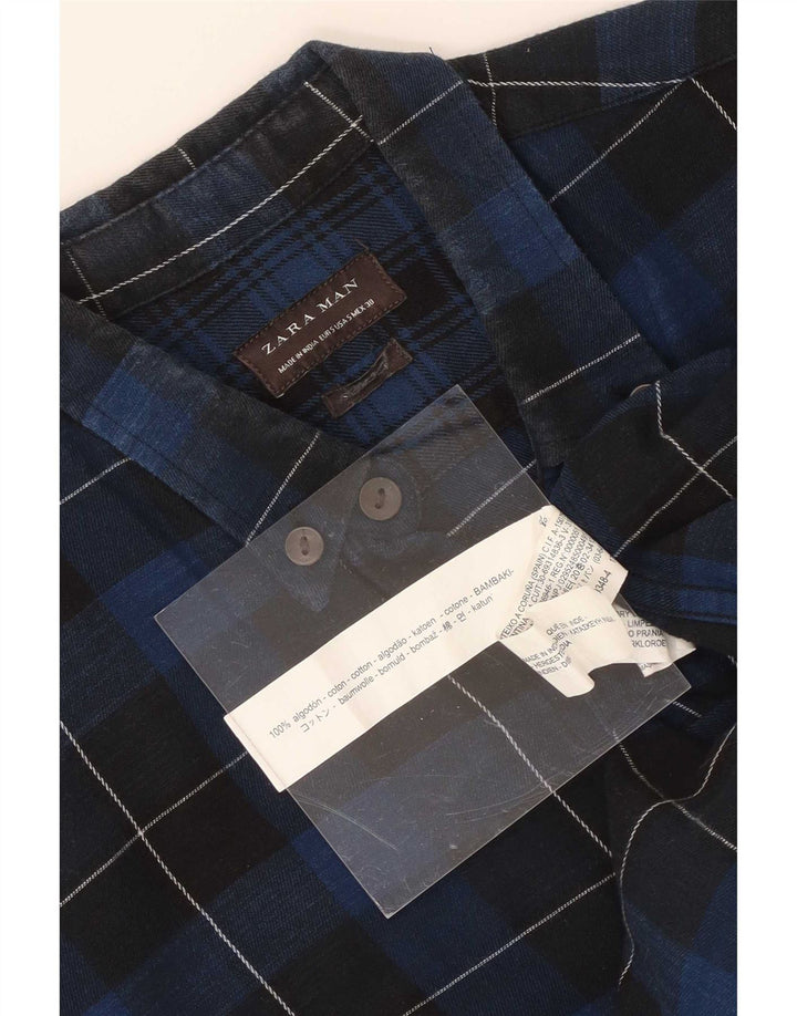 Zara Mens Flannel Shirt Small Navy Blue Check Cotton