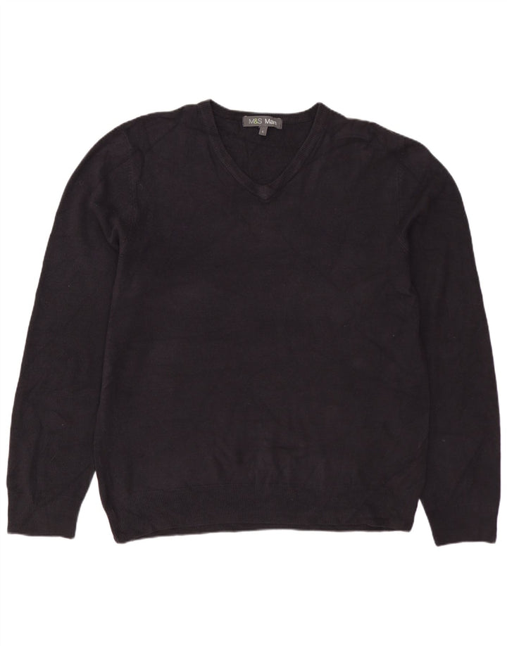 MARKS & SPENCER Mens V-Neck Jumper Sweater Large Navy Blue Acrylic