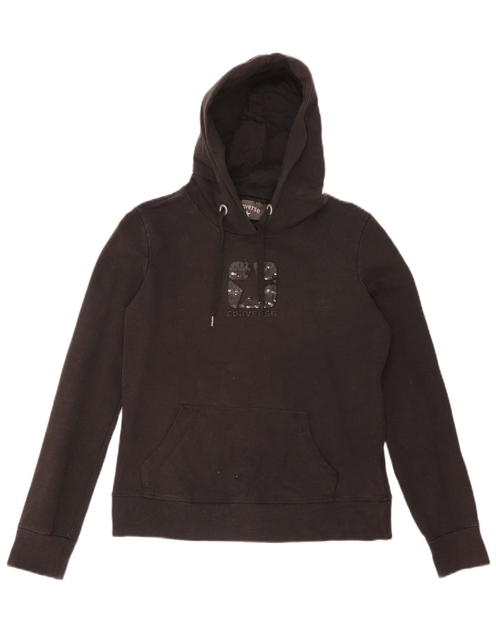 CONVERSE Womens Graphic Hoodie Jumper UK 12 Medium Black Cotton