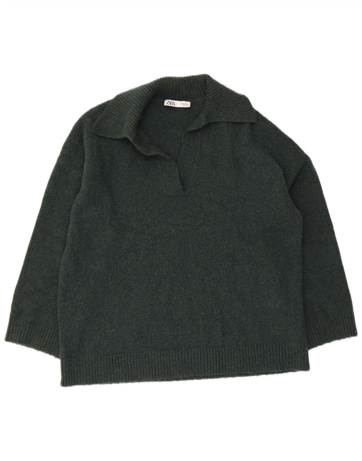 Zara Womens Oversized Polo Neck Jumper Sweater UK 14 Medium Green Nylon