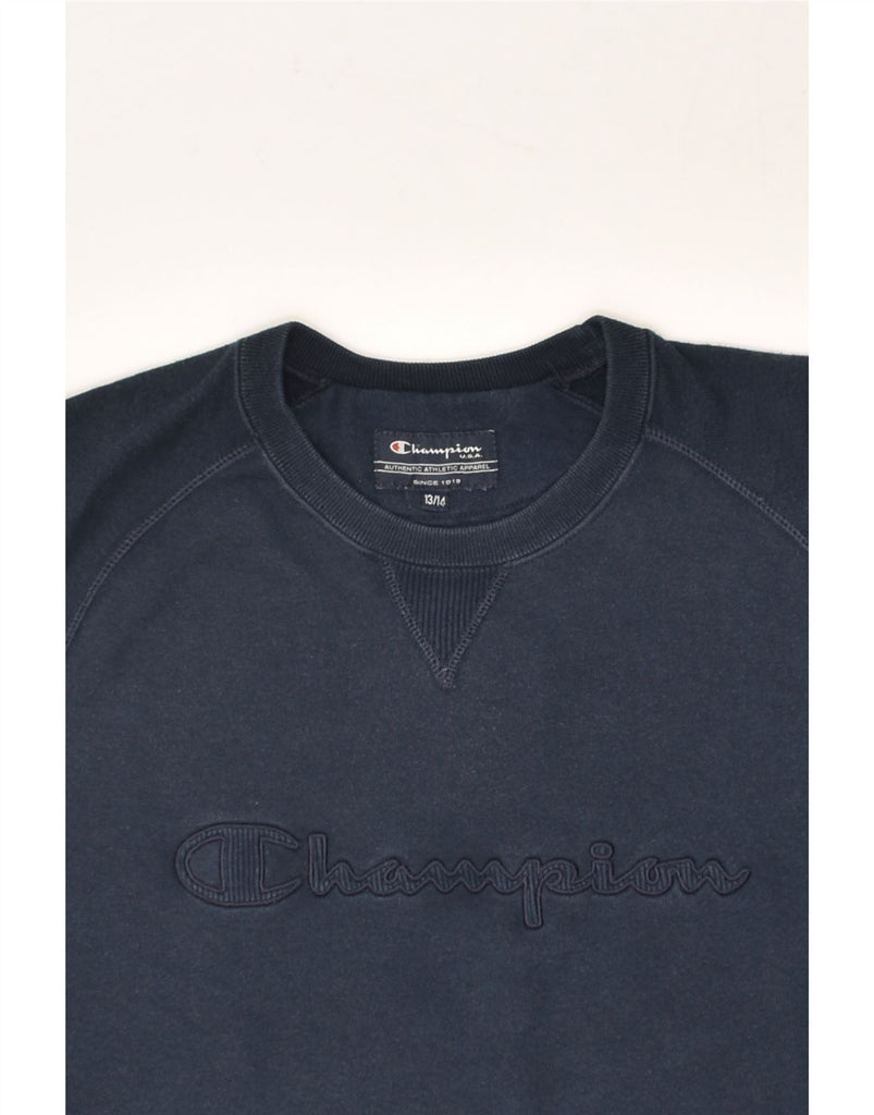 CHAMPION Boys Graphic Sweatshirt Jumper 13-14 Years Navy Blue Cotton | Vintage Champion | Thrift | Second-Hand Champion | Used Clothing | Messina Hembry 