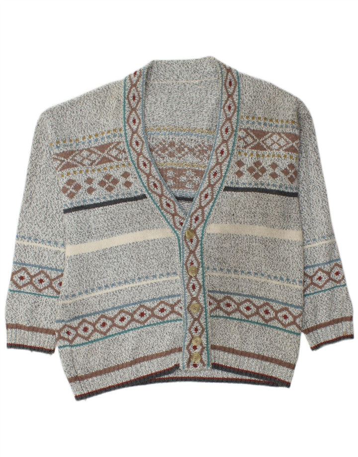 VINTAGE Mens Cardigan Sweater Medium Grey Fair Isle