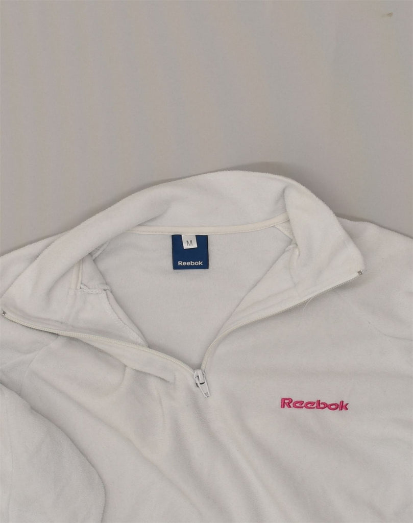 REEBOK Womens Zip Neck Fleece Jumper UK 12 Medium White Polyester | Vintage Reebok | Thrift | Second-Hand Reebok | Used Clothing | Messina Hembry 