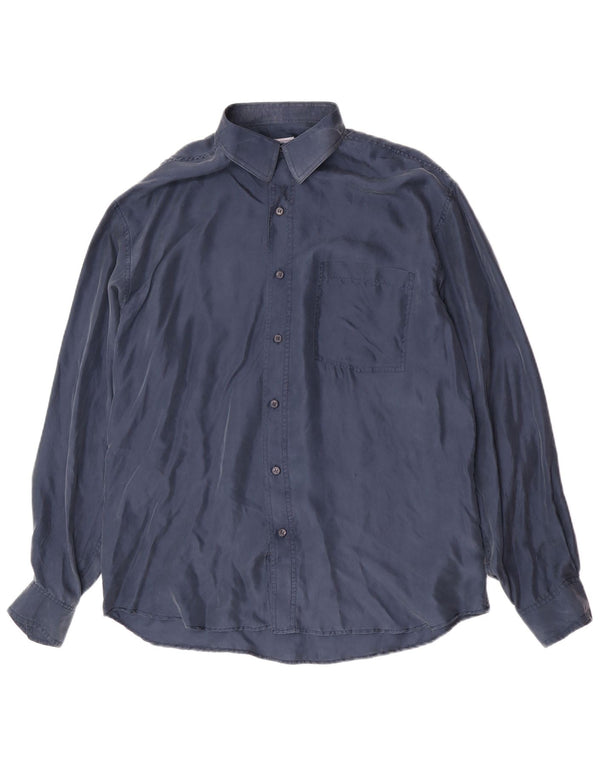 Vintage Mens Shirt Large Navy Blue Silk