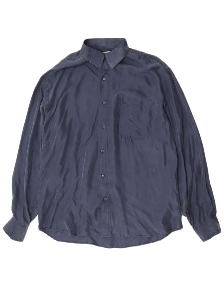 Vintage Mens Shirt Large Navy Blue Silk