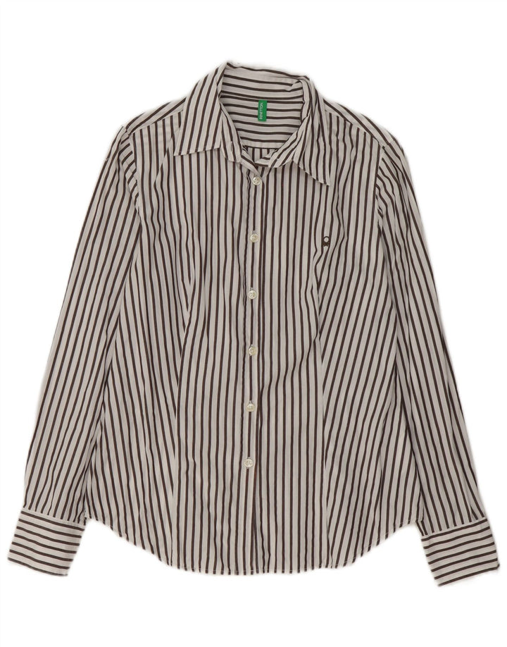 Benetton Womens Shirt UK 14 Medium White Pinstripe Cotton