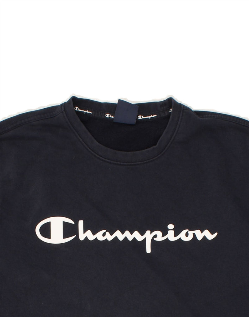 CHAMPION Mens Graphic Sweatshirt Jumper Medium Navy Blue Cotton | Vintage Champion | Thrift | Second-Hand Champion | Used Clothing | Messina Hembry 