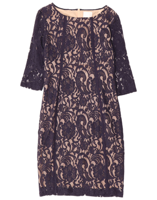 Vintage Womens 3/4 Sleeve Lace Sheath Dress UK 14 Large Navy Blue Paisley
