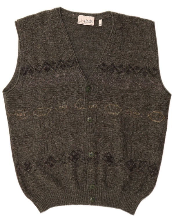 Vintage Mens Sleeveless Cardigan Sweater Medium Khaki Geometric Acrylic
