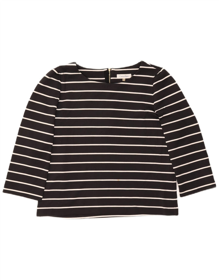 CALVIN KLEIN Womens Top 3/4 Sleeve UK 14 Medium Black Striped Polyester