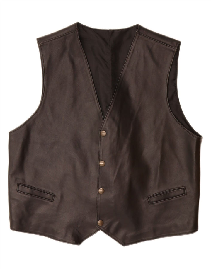VINTAGE Mens Leather Waistcoat Medium Black Leather