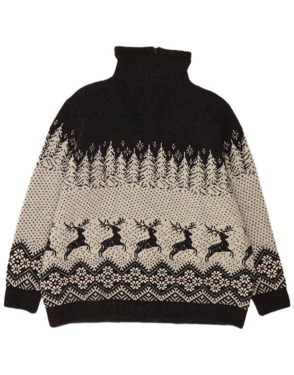 Vintage Mens Zip Neck Jumper Sweater 2XL Black Fair Isle Wool
