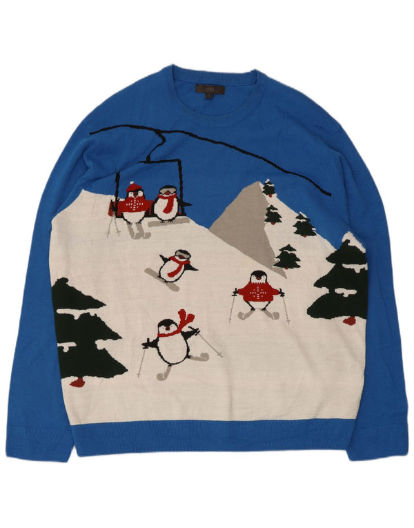 Marks & Spencer Mens Graphic Crew Neck Jumper Sweater 2XL Blue Colourblock