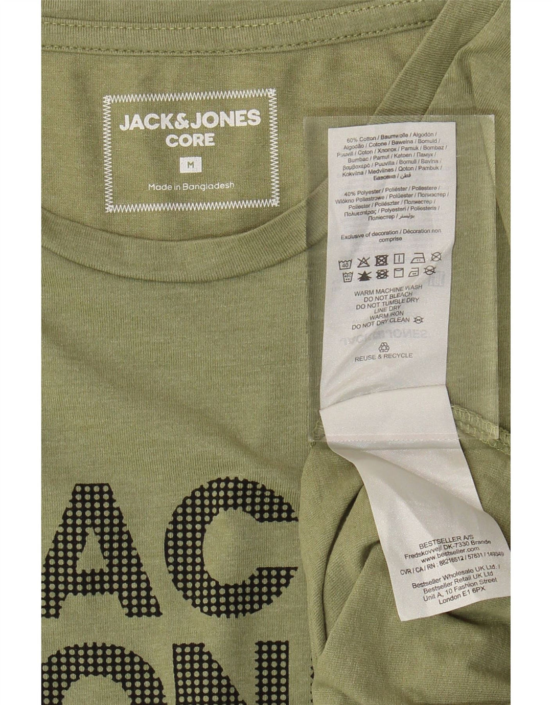 JACK & JONES Mens Graphic Top Long Sleeve Medium Khaki Cotton