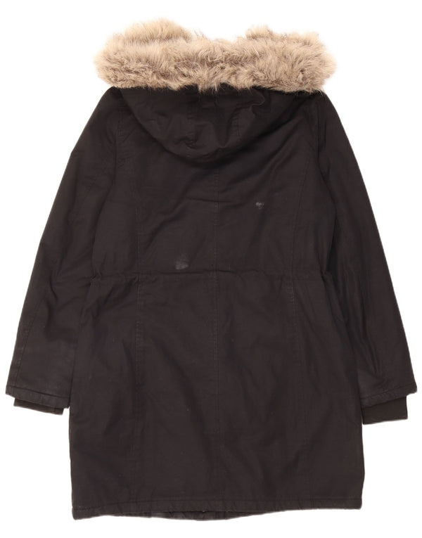 Jigsaw Womens Hooded Sherpa Parka Jacket UK 8 Small Black Cotton