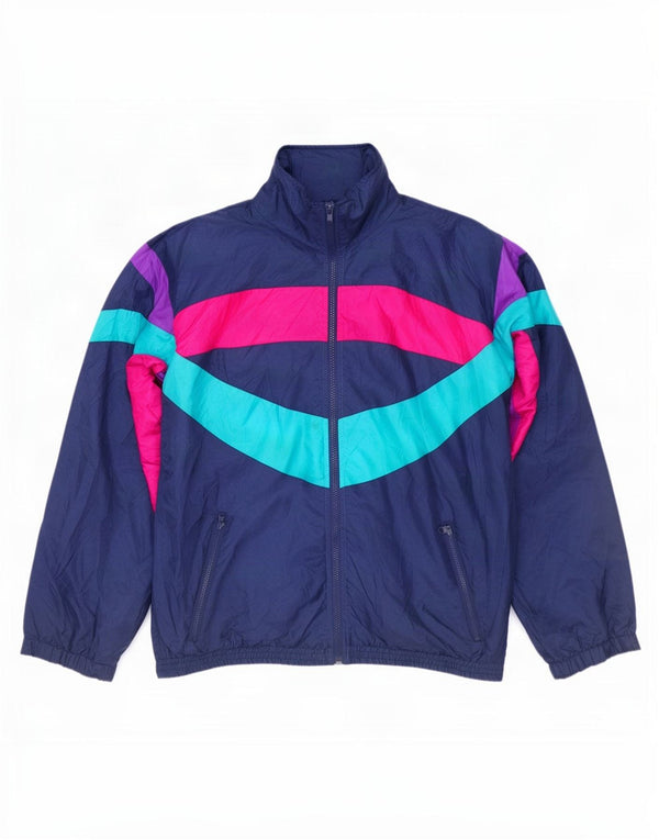 Vintage Mens Tracksuit Top Jacket Large Navy Blue Colourblock Nylon