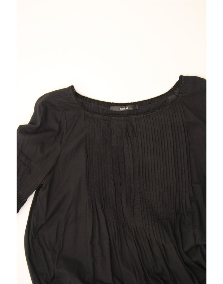REPLAY Womens 3/4 Sleeve Blouse Top UK 12 Medium Black Cotton Vintage Replay and Second-Hand Replay from Messina Hembry 