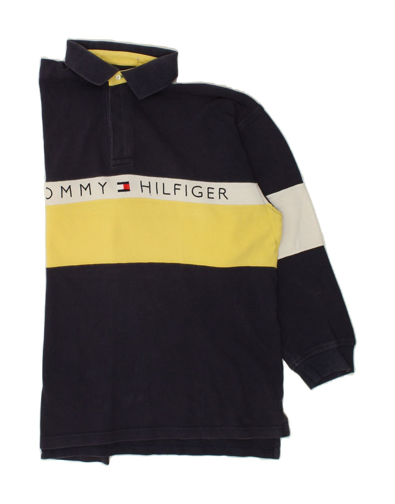TOMMY HILFIGER Mens Long Sleeve Polo Shirt Large Navy Blue Colourblock | Vintage Tommy Hilfiger | Thrift | Second-Hand Tommy Hilfiger | Used Clothing | Messina Hembry 