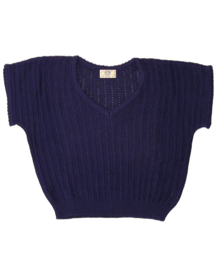 Vintage Womens Crop V-Neck Jumper Sweater UK 14 Medium Navy Blue