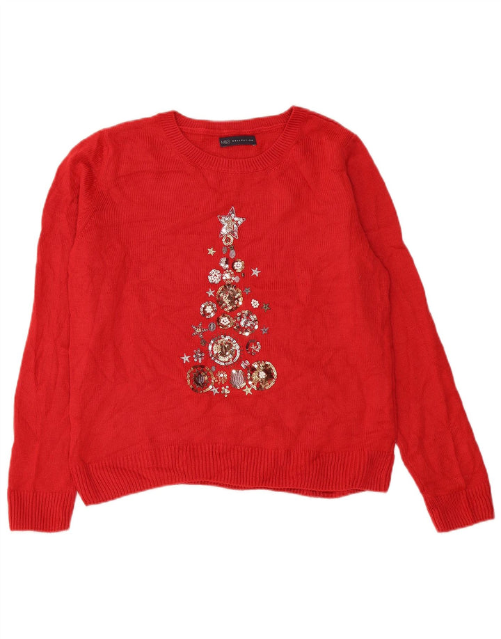Marks & Spencer Womens Graphic Crew Neck Jumper Sweater UK 14 Medium Red