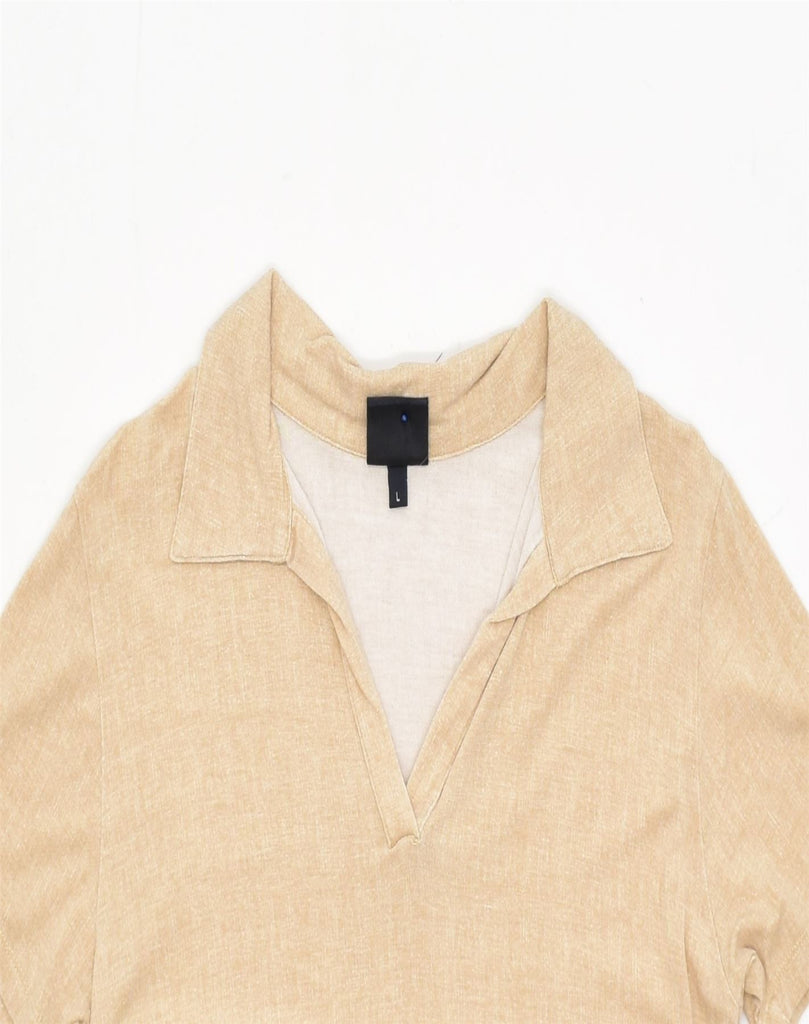 TRUSSARDI Womens Polo Shirt UK 14 Large Beige Viscose | Vintage | Thrift | Second-Hand | Used Clothing | Messina Hembry 