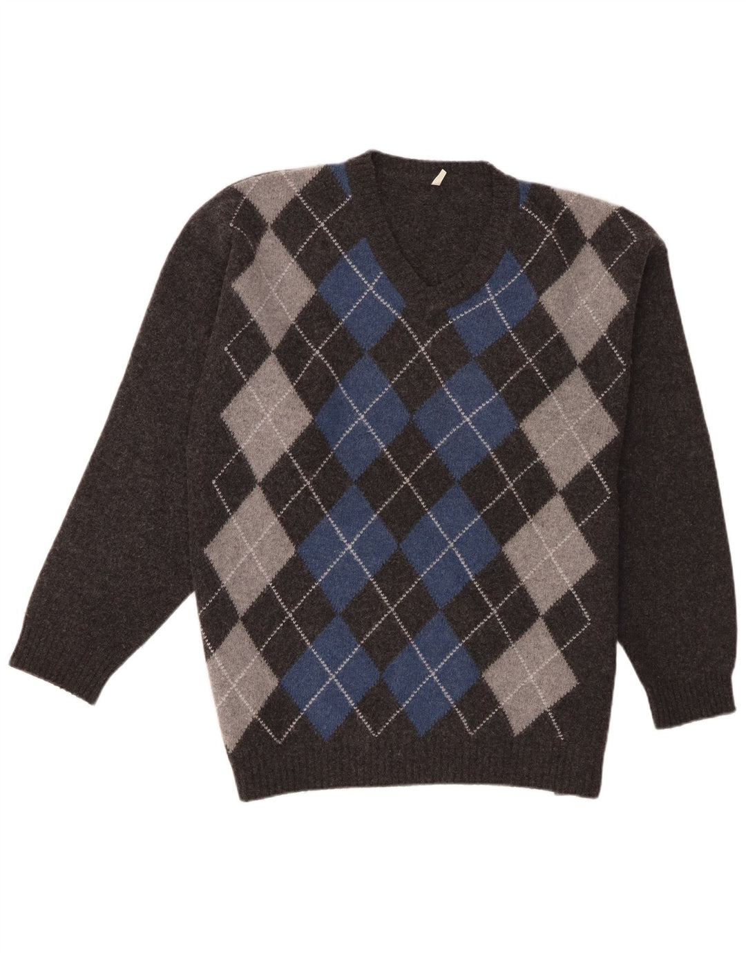 Vintage Mens V-Neck Jumper Sweater XL Grey Argyle/Diamond Lambswool