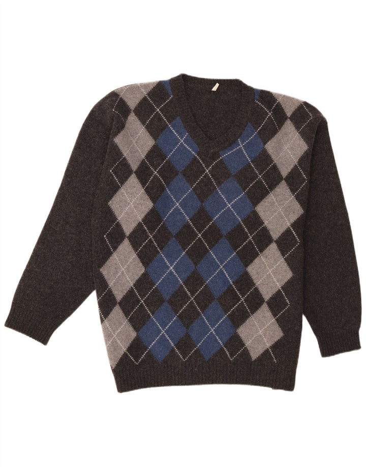 Vintage Mens V-Neck Jumper Sweater XL Grey Argyle/Diamond Lambswool