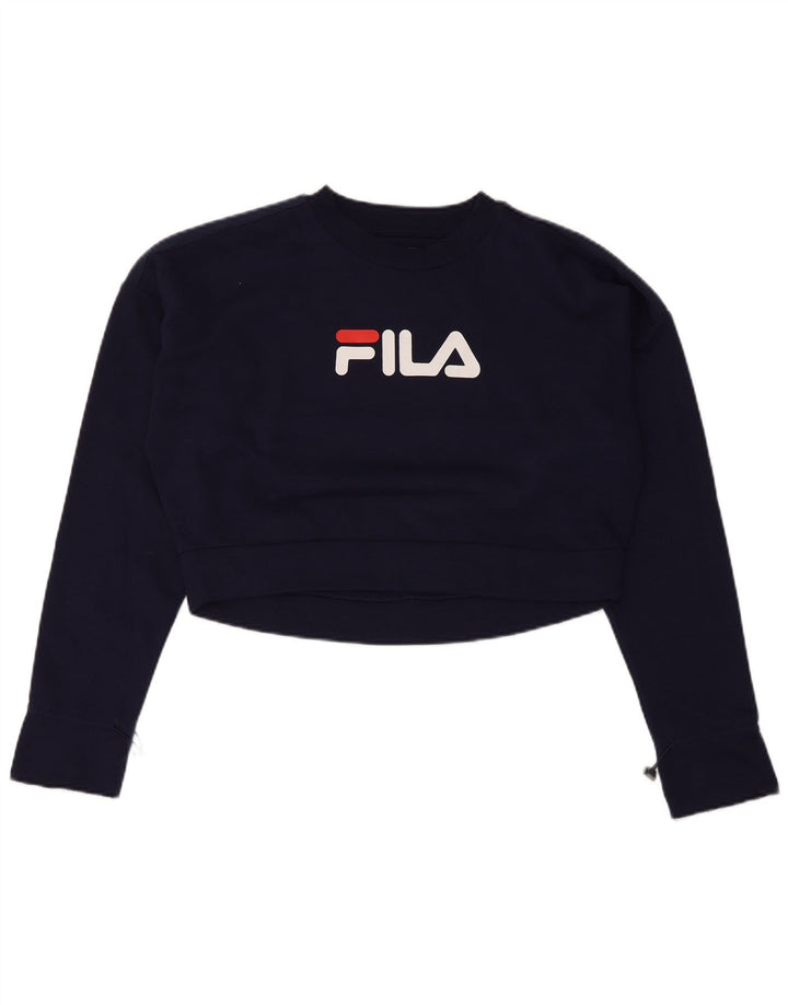 Fila Womens Crop Graphic Top Long Sleeve UK 14 Medium Navy Blue Colourblock