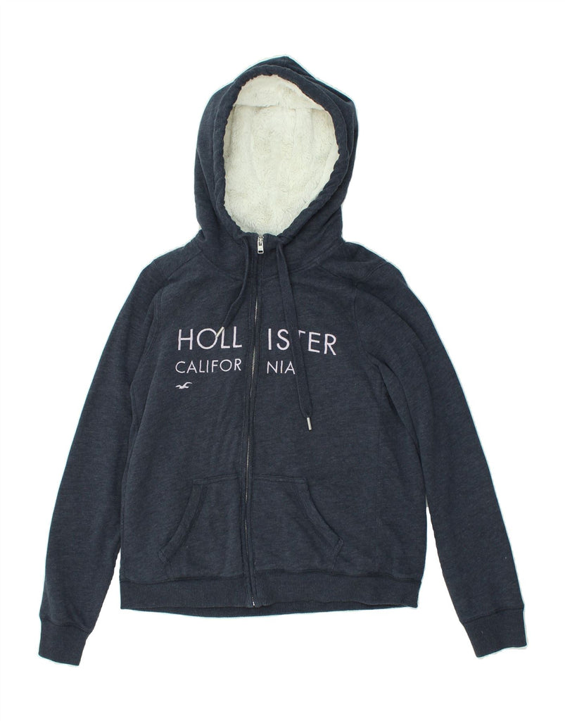 HOLLISTER Womens Graphic Zip Hoodie Sweater UK 14 Large Navy Blue Cotton | Vintage Hollister | Thrift | Second-Hand Hollister | Used Clothing | Messina Hembry 