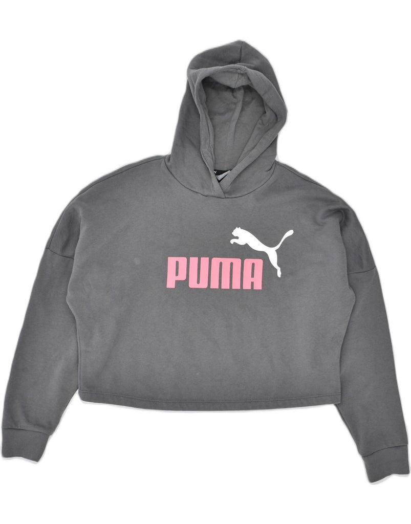 PUMA Girls Crop Graphic Hoodie Jumper 13-14 Years Grey Cotton | Vintage | Thrift | Second-Hand | Used Clothing | Messina Hembry 