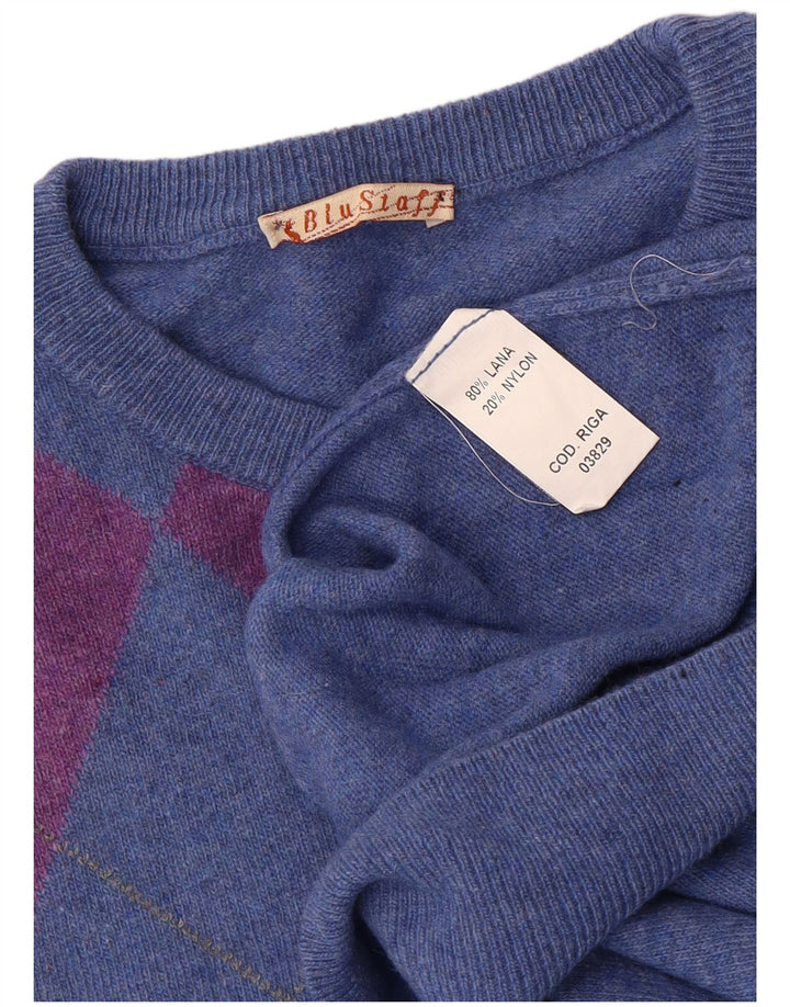 Vintage Mens Crew Neck Jumper Sweater Large Blue Argyle/Diamond Wool